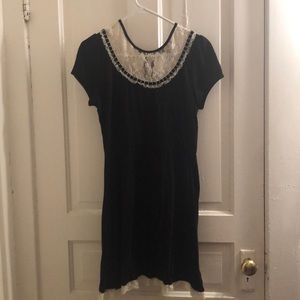 Black A-Line Dress with White Lace Detail